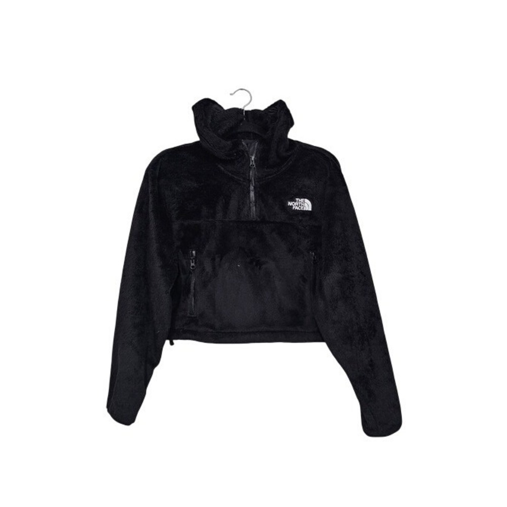 North Face Womens M Osito Hoodie Black Cropped 1/4 Quarter Zip Pullover Cozy ~